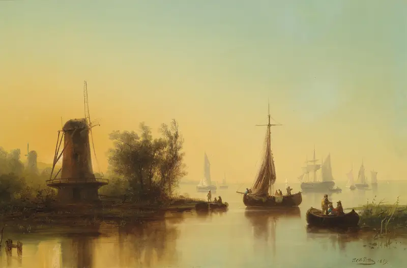 Mündung der Maas by Josef Carl Berthold Püttner, oil on canvas depicting a tranquil river at sunset.