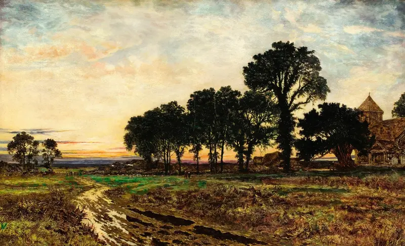 Evening After the Rain oil painting by Benjamin Williams Leader depicting a tranquil landscape with greenery.