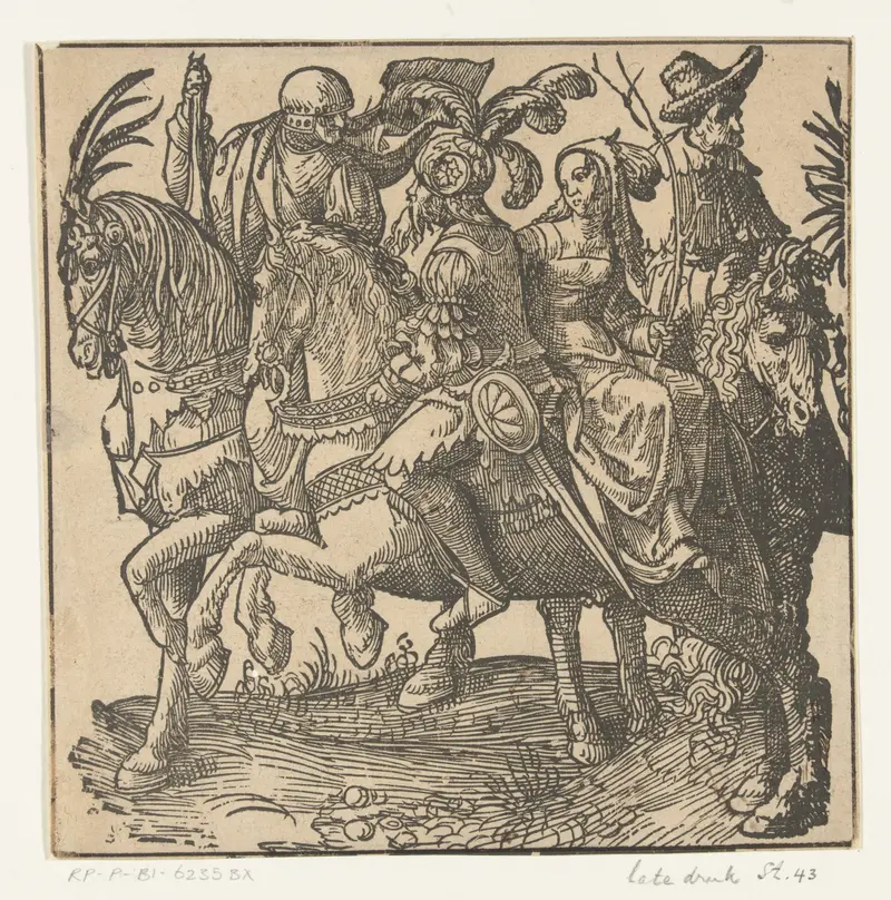 Historical drawing on paper by Jacob Cornelisz van Oostsanen featuring four horsemen.