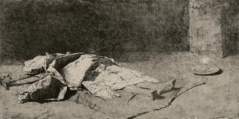 Dead Kabyle depicts a lifeless figure draped in traditional clothing, set against a muted background.