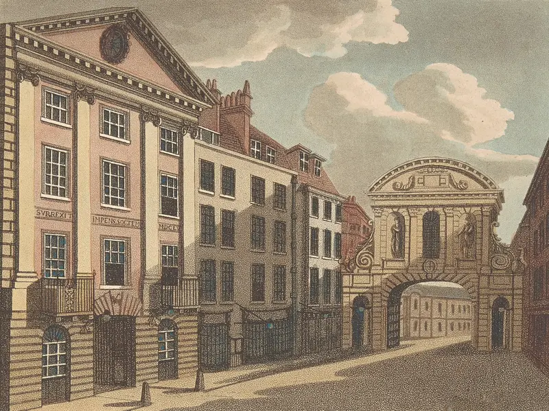 Middle Temple Gate engraving by Samuel Ireland, featuring intricate architectural details.