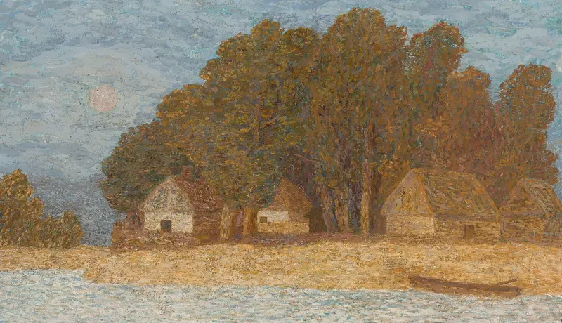Impressionist landscape by Felicjan Szczęsny Kowarski, depicting rolling hills and a sunset.