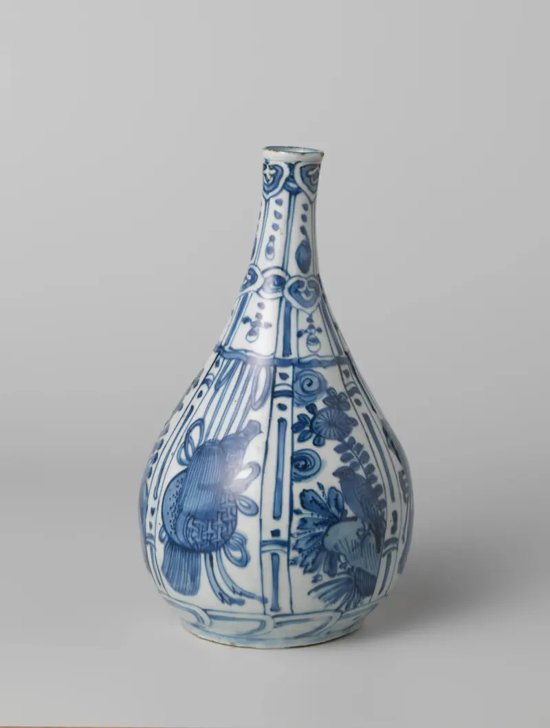 Ceramic pear-shaped bottle vase with flowering plants by unknown artist