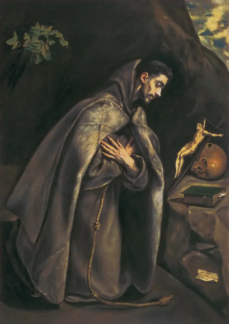St. Francis kneels in prayer before a crucifix, embodying spiritual devotion.