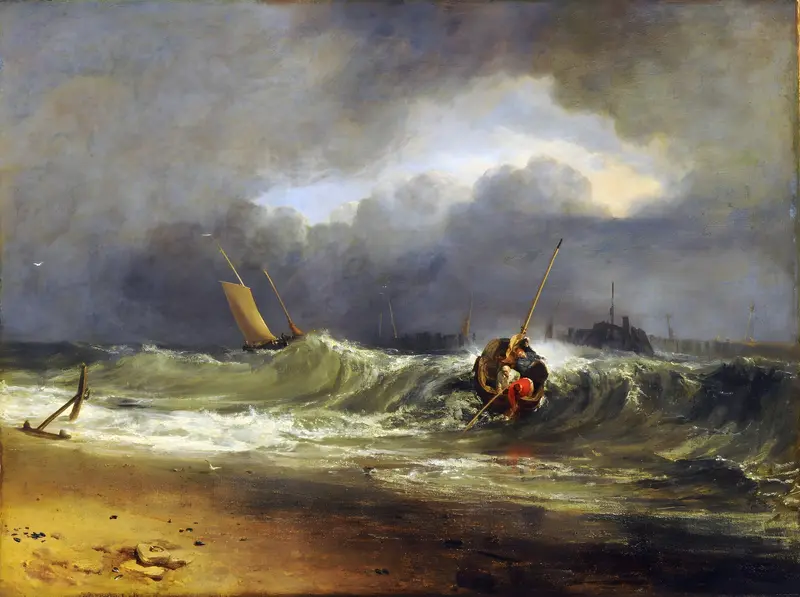 A fishing boat with two fishermen struggles near a shore under a dark, stormy sky with turbulent waves and another boat in the background.