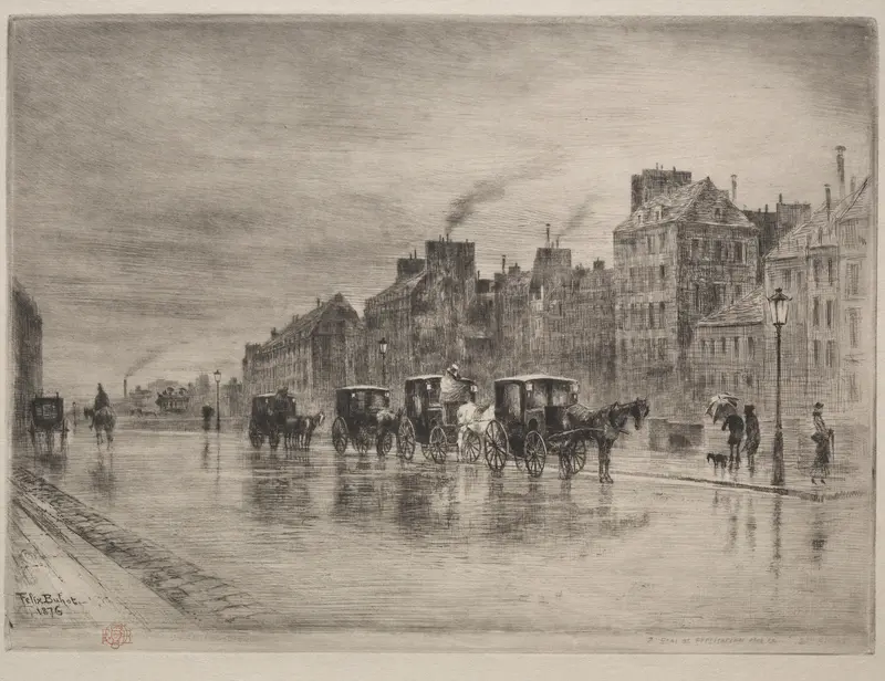 A Winter Morning on the Quai de l’Hôtel-Dieu, etching by Félix Hilaire Buhot, depicting a winter landscape.