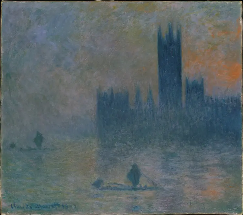 A foggy view of the Palace of Westminster with towers and spires softened by mist, two small boats on the river, and a swirling blue and violet sky.