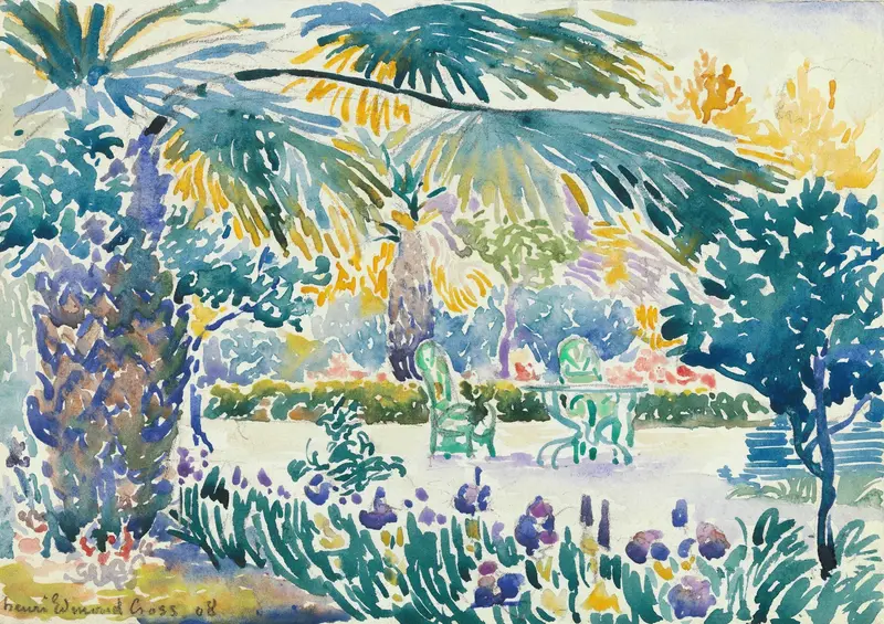 Garden scene with flowers and a painter by Henri-Edmond Cross, oil painting