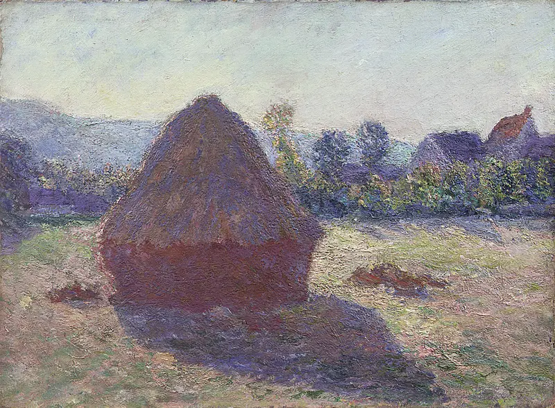 A haystack illuminated by the evening sun, surrounded by a colorful rural landscape.