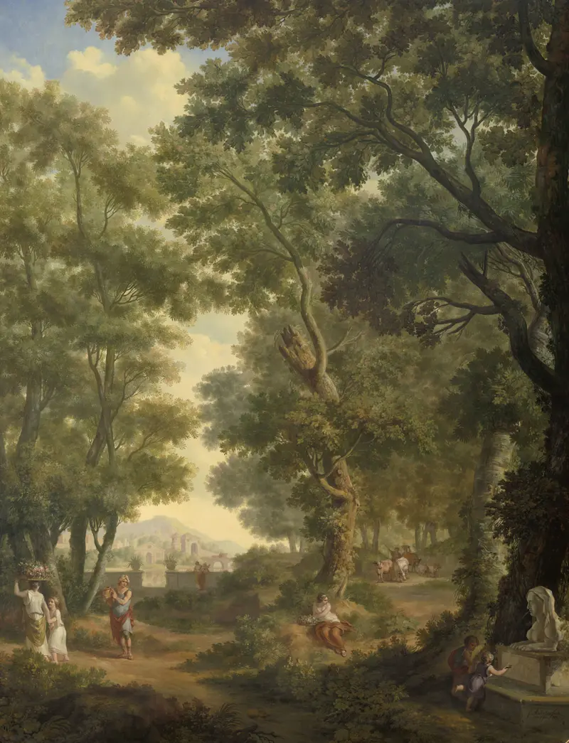 Arcadian Landscape by Jurriaan Andriessen, depicting a serene dawn in a lush landscape, oil painting