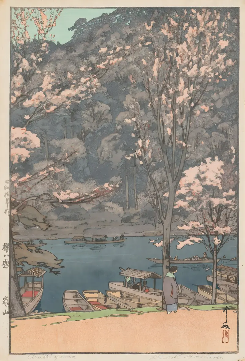 Woodblock print by Yoshida Hiroshi showing cherry blossoms in Arashiyama