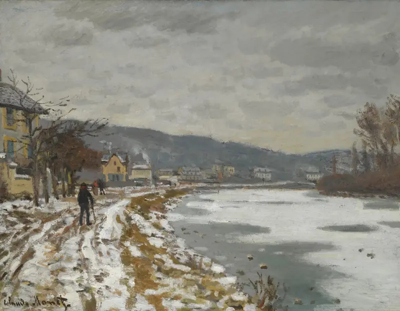 La Seine À Bougival by Claude Monet, oil painting depicting a riverscape with boats and reflections.