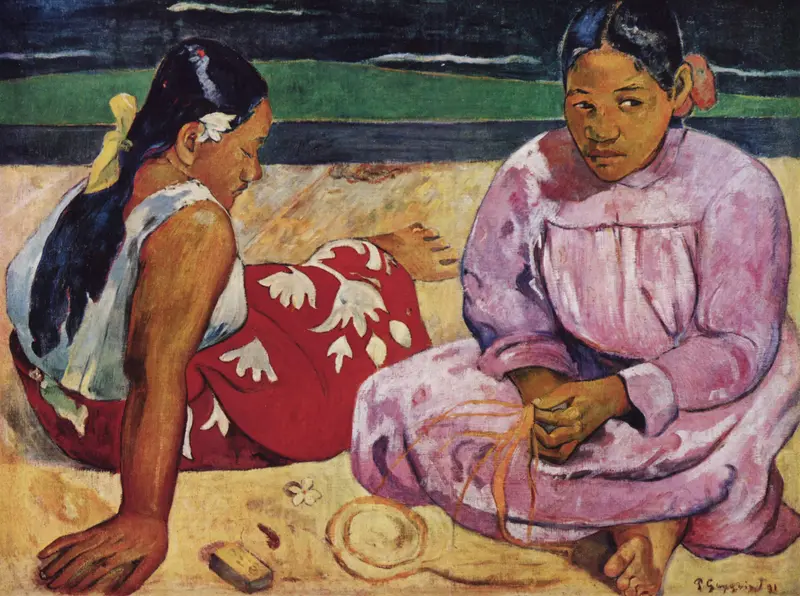 Two women sit on the sand, one in a pale pink dress cross-legged and the other in a red patterned pareu with legs bent to the side, against a background of green and dark blue bands.
