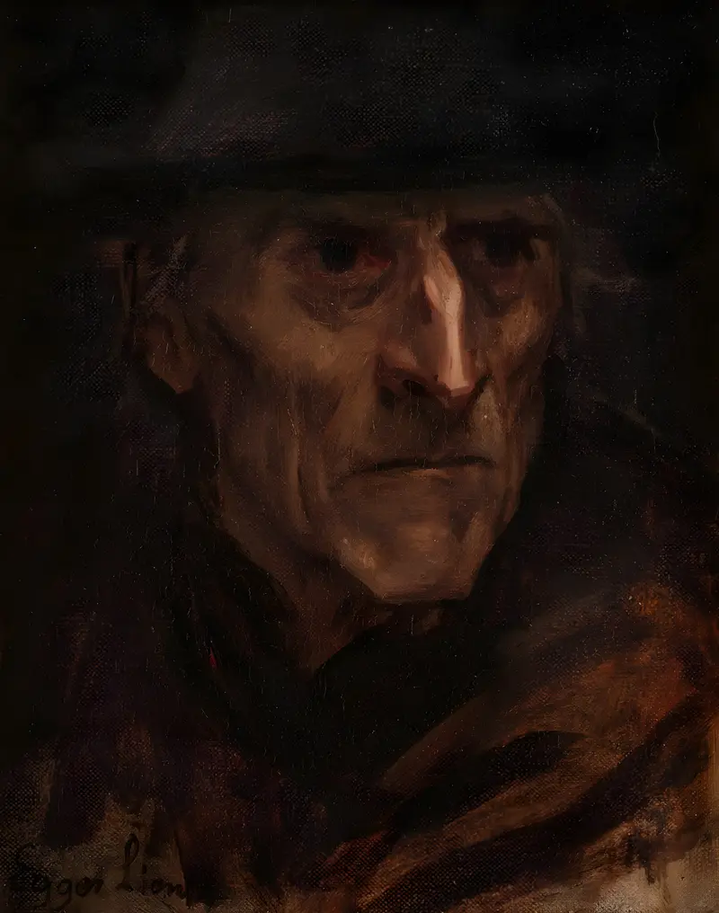 This painting features a haunting figure representing death in a dramatic setting.