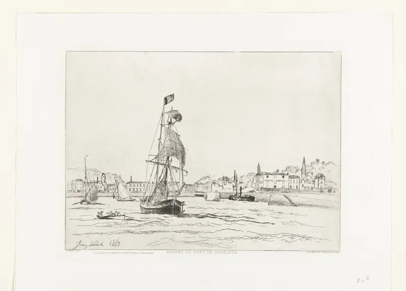Haven van Honfleur, etching by Johan Barthold Jongkind, depicting a harbor scene with boats and reflections.