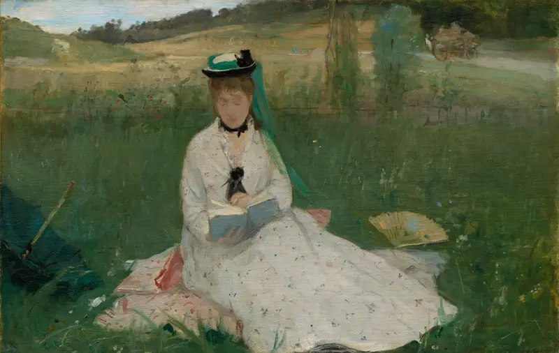 A young woman in a white dress sits in a garden, absorbed in her book, with sunlight flickering across her and the lush greenery around her.