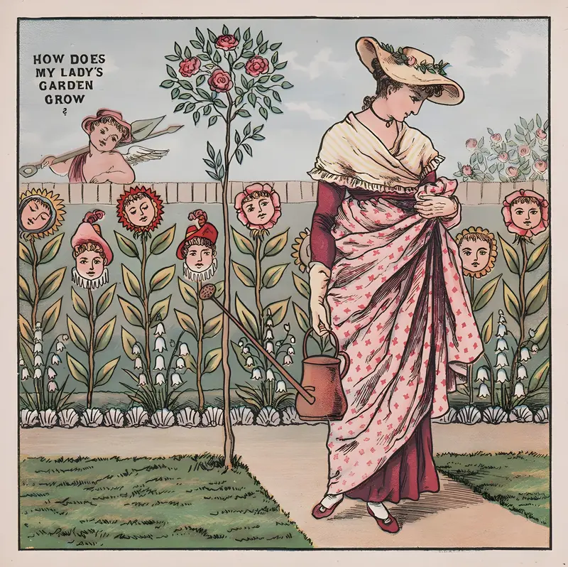 A vibrant depiction of a lady tending to her garden, showcasing the beauty of nature.