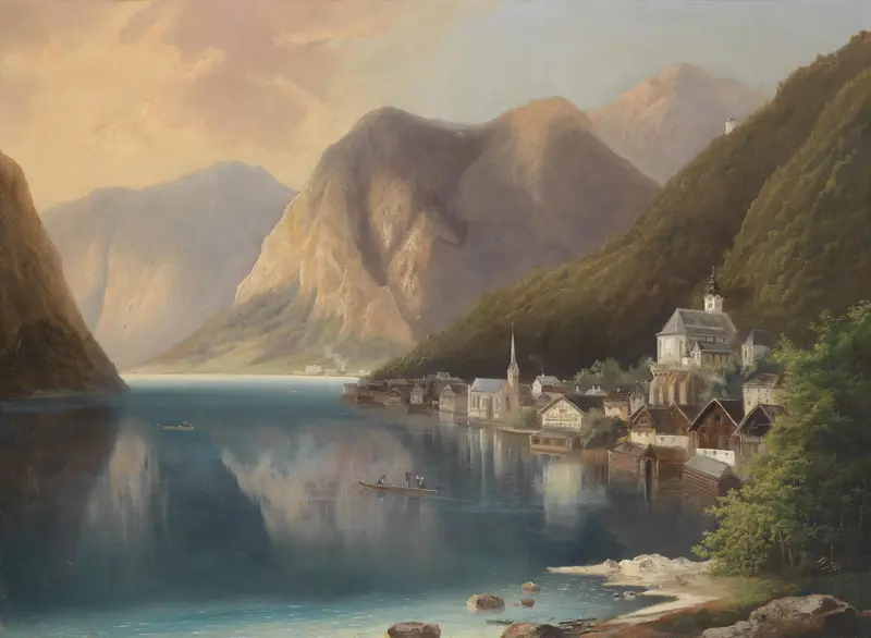 Landscape view of Hallstatt, oil on canvas by Gustav Barbarini