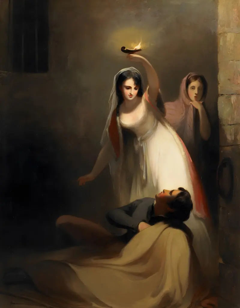 Thomas Sully's painting depicts two women awakening a prisoner.