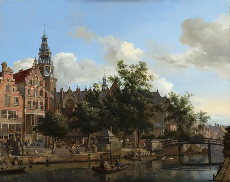 View of Oudezijds Voorburgwal with Oude Kerk by Jan van der Heyden, oil painting