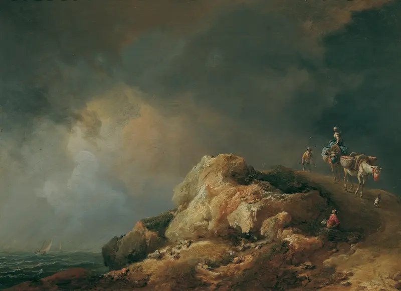 Coastal landscape with figures and waves, oil painting by Johann Christian Brand