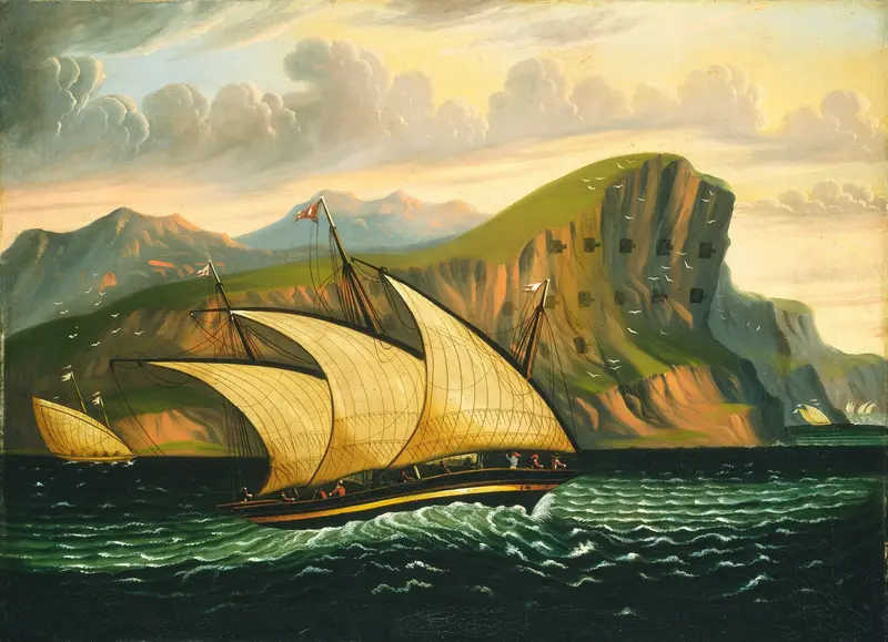 Felucca off Gibraltar by Thomas Chambers, oil on canvas, depicting a felucca sailing on the sea.