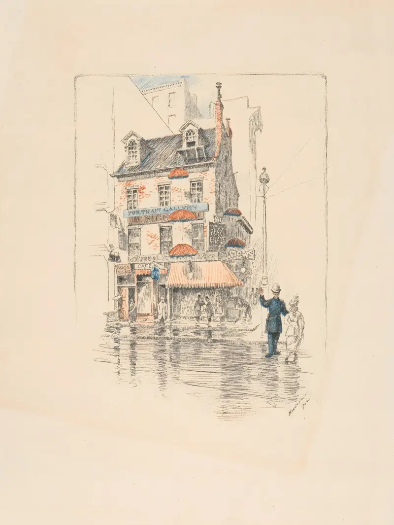 Etching by Charles Frederick William Mielatz depicting an old house with sunlight
