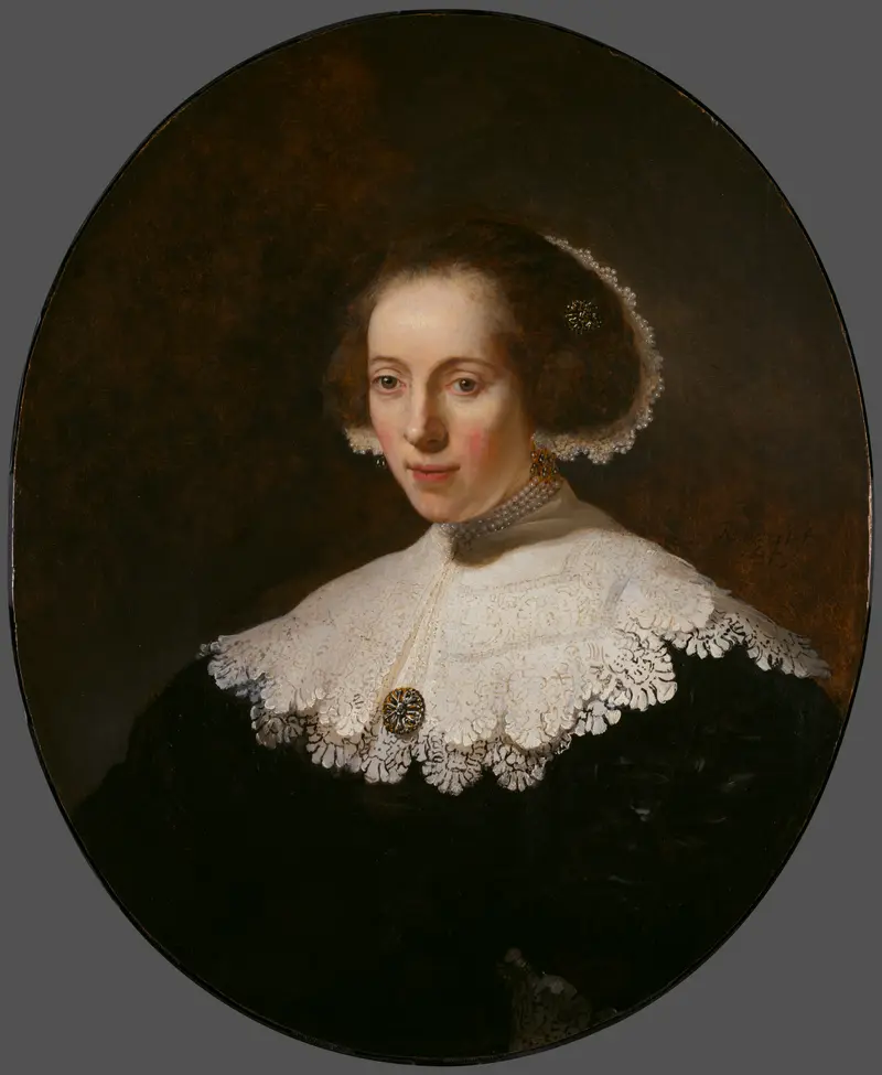 A young woman with softly curling brown hair wears a lace-edged cap and an intricate white lace collar over a deep black dress against a warm brown background.