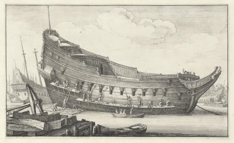 Etching by Wenceslaus Hollar depicting ship construction with craftsmen and tools.