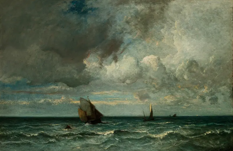Landscape oil painting by Jules Dupré showing trees bending in a stormy sky.