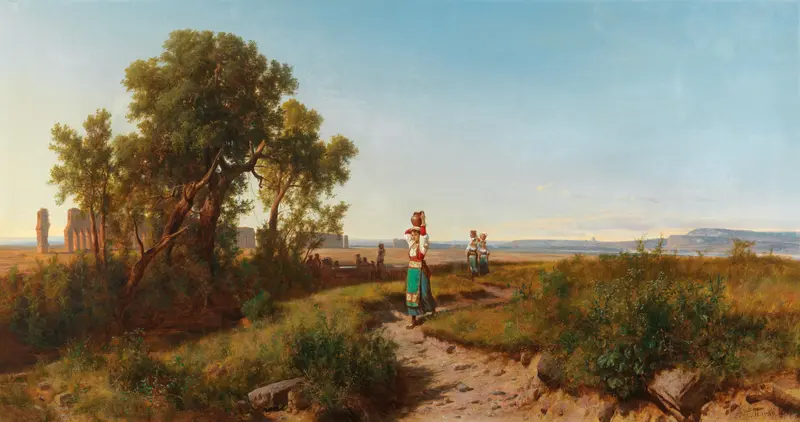 Römisches Aquädukt by András Markó, oil on canvas depicting arches against hills at sunset.