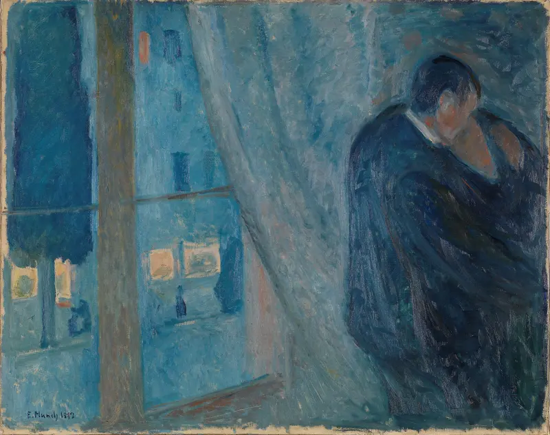 The Kiss by Edvard Munch, oil on canvas, depicts a couple sharing a soft kiss in an intimate embrace.