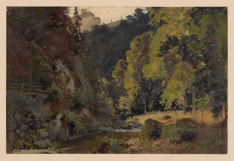 Landscape oil painting by Adolf Dressler depicting the Pełcznica valley and Książ Castle.