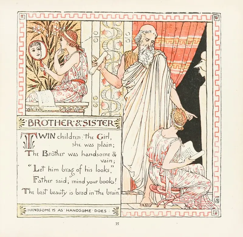 A charming depiction of a brother and sister in a pastoral setting.