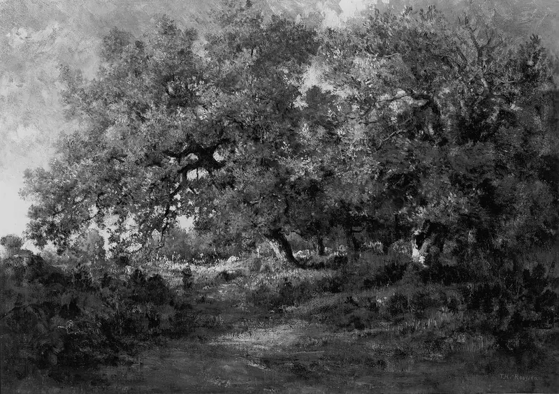 Landscape by Théodore Rousseau, oil on panel depicting green hills and soft light.