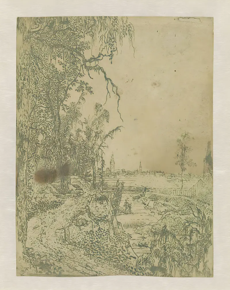 A road bordered by trees with a city in the background, etching by Hercules Segers