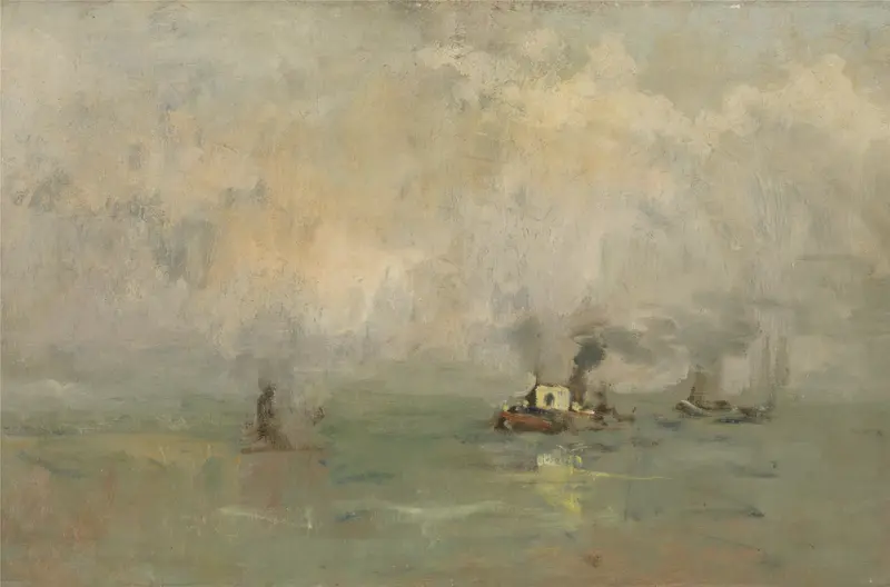 Landscape oil painting by Louis Artan featuring gentle dawn colors.