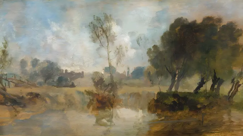 A sunlit riverbank with tall leafy trees on the right, a wooden jetty on the left, and swirling clouds above reflected in the water.