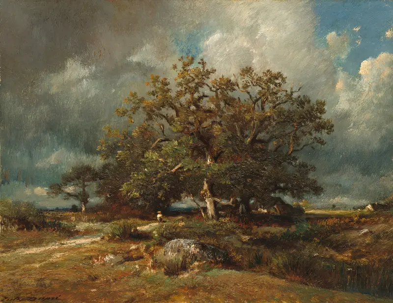 The Old Oak by Jules Dupré, oil on canvas depicting a majestic oak tree in a tranquil setting.