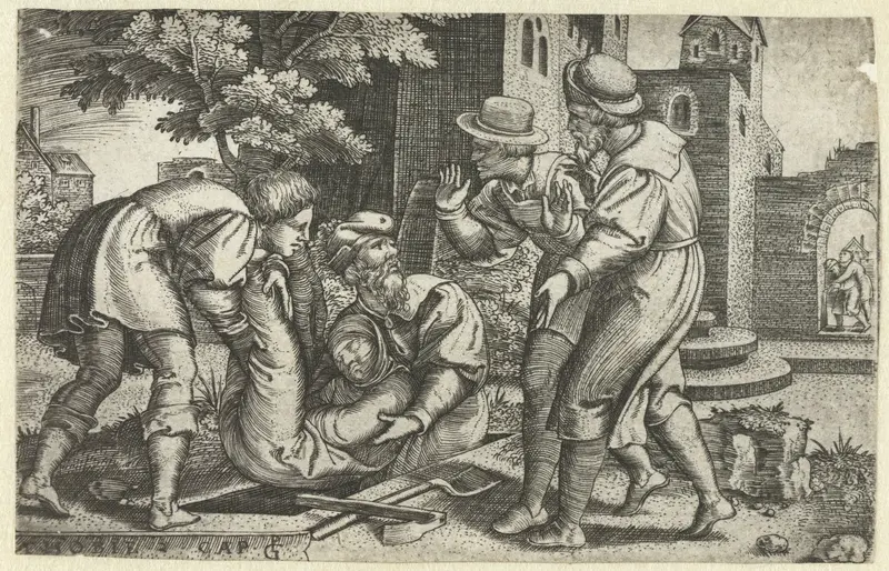 Engraving by Georg Pencz depicting Tobit and Tobias cradling a body