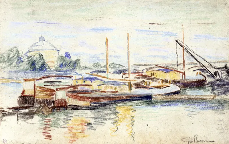 Péniches sur la Seine à Bercy by Armand Guillaumin, oil painting of moored péniches at sunset.