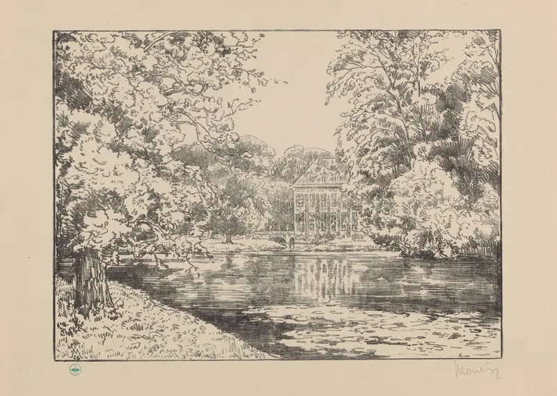 Kasteel Duivenvoorde aan vijver Duivenvoorde II by Simon Moulijn, oil painting depicting a castle by a pond.