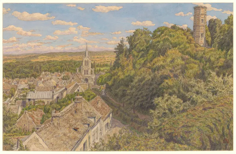 Landscape of Montfort-l’Amaury by Henri Rivière, oil painting depicting hills and a village.