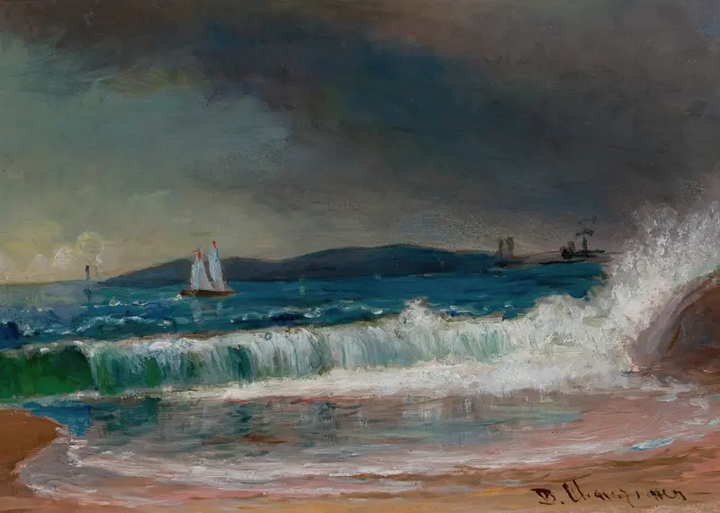 Oil painting by Benjamin Champney depicting a serene seascape with gentle waves and reflections.