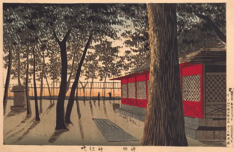 Woodblock print by Kobayashi Kiyochika depicting a serene sunrise at Kanda Shrine