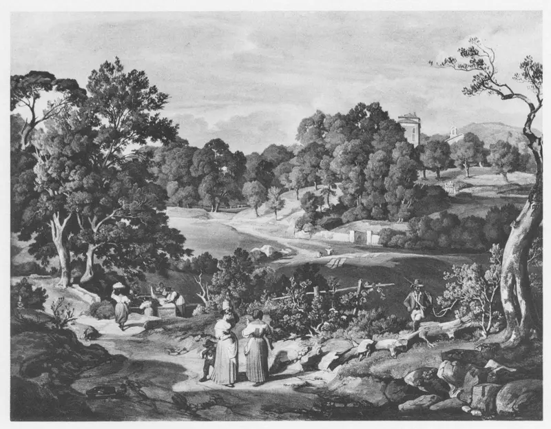 A sunlit Italian landscape with figures, including women and a shepherd with goats, amidst trees and classical architecture.