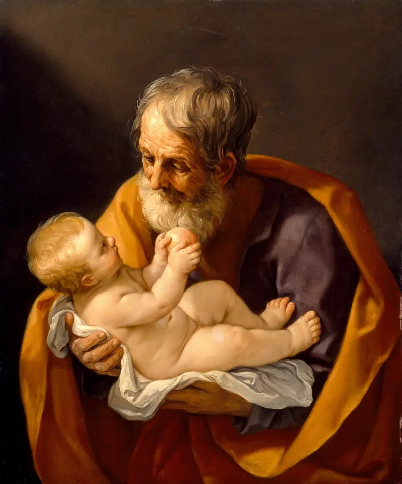 A depiction of Saint Joseph holding the Christ Child, showcasing Baroque artistry.