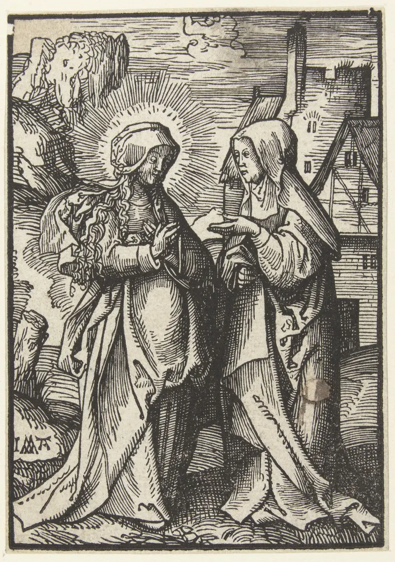 Visitatie by Jacob Cornelisz van Oostsanen, paper medium, two women embracing in a dimly lit chamber