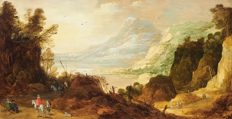 Extensive mountainous landscape with hunters on a path, oil on panel by Joos de Momper