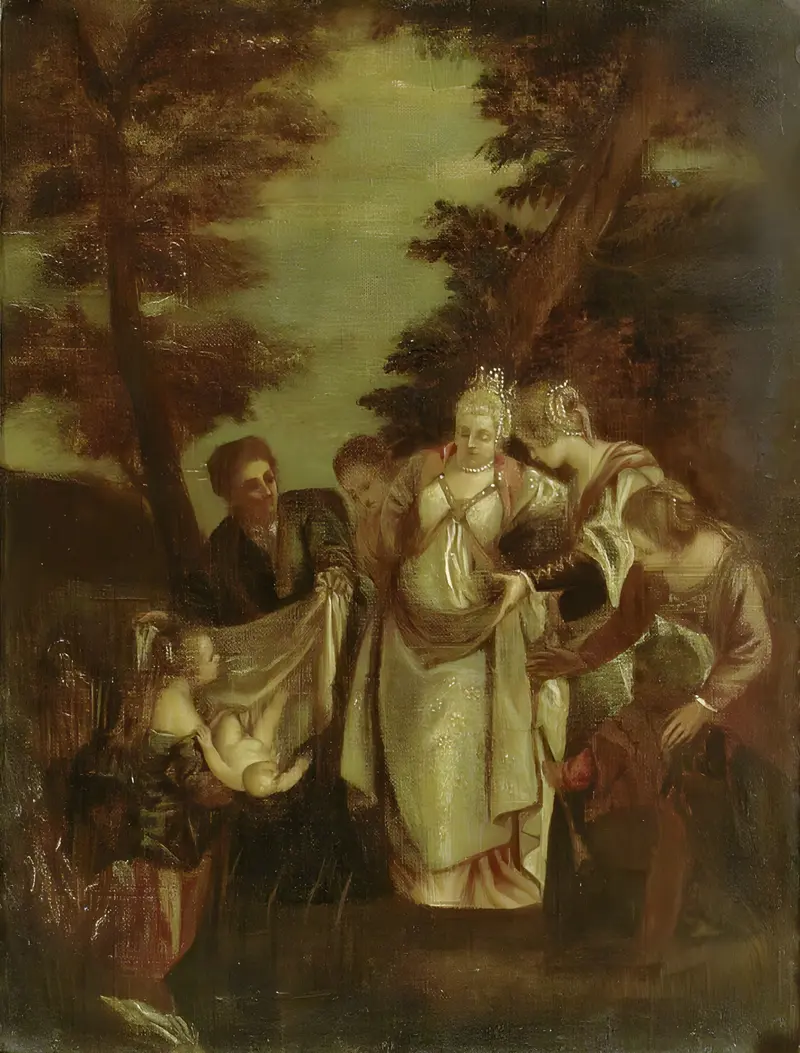 A grand depiction of Moses being presented to Pharaoh's daughter, highlighting opulence and compassion.